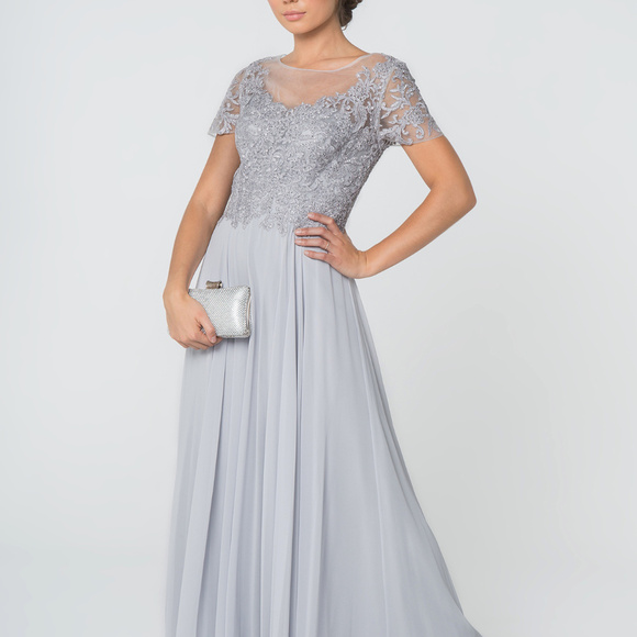 SILVER MOTHER OF BRIDE EVENING Jeweled Illusion Neck Long MAXI Dress GSGL2813 - Picture 1 of 3